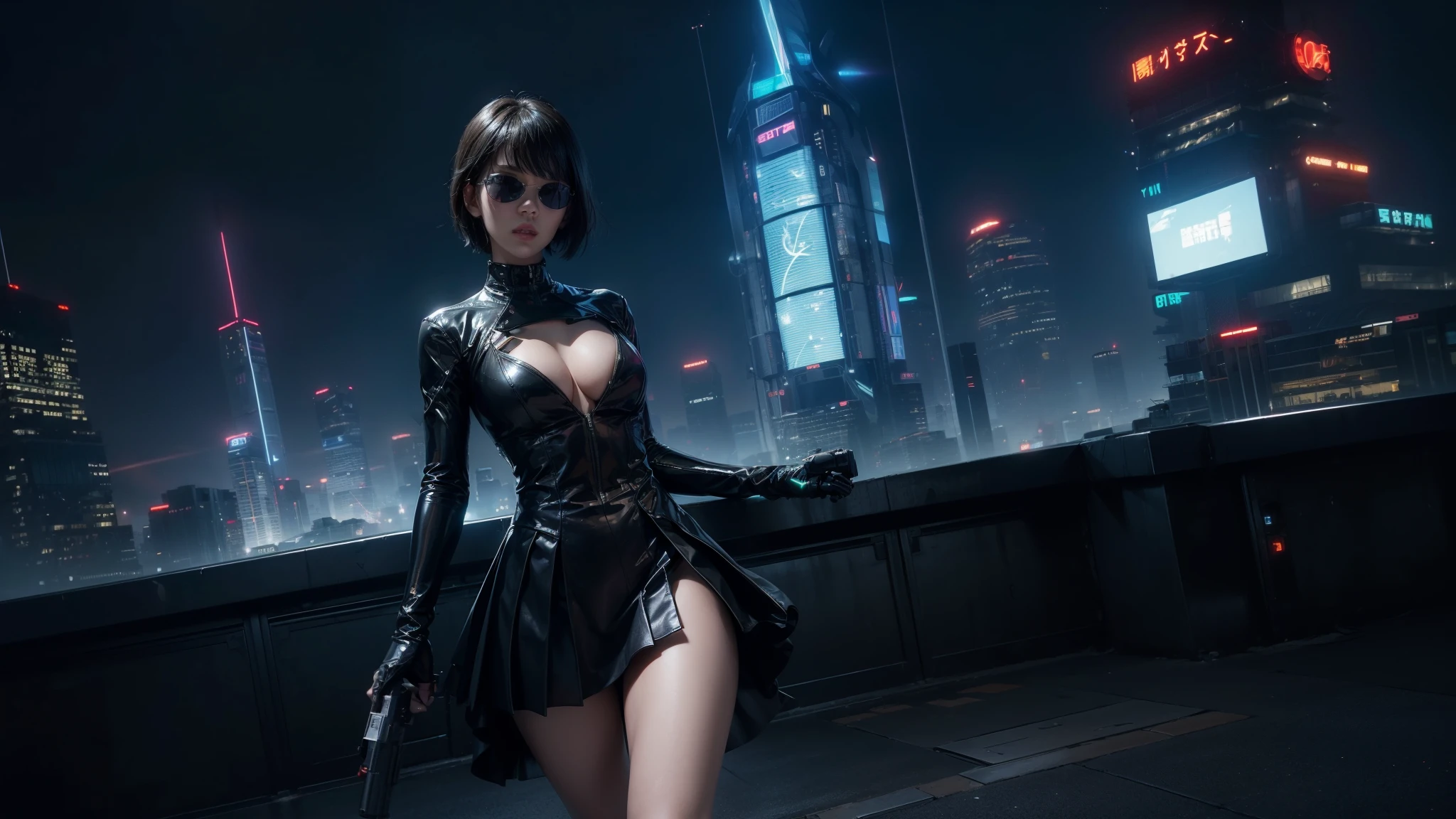 (Wide angle view). "ghost in the shell" film inspired futuristic Tokyo city, simple outlined neon tall buildings, (OLED holographic portrait on buildings), glowing giant clock tower, 1drone, lightning, 3D rendering Beeple. At night, (1girl, solo, alone), photorealistic, medium-breast slim:0.6 body, oval:0.5 face, cleavage:1.1, sexy costume with deep-v, low view pleated miniskirt, ((upskirt)), glove, (Matrix style black micro sunglasses), ((aiming viewer with a short gun)), (running pose), (half-body thigh level close-up shot), cinematic lighting, ray tracing.