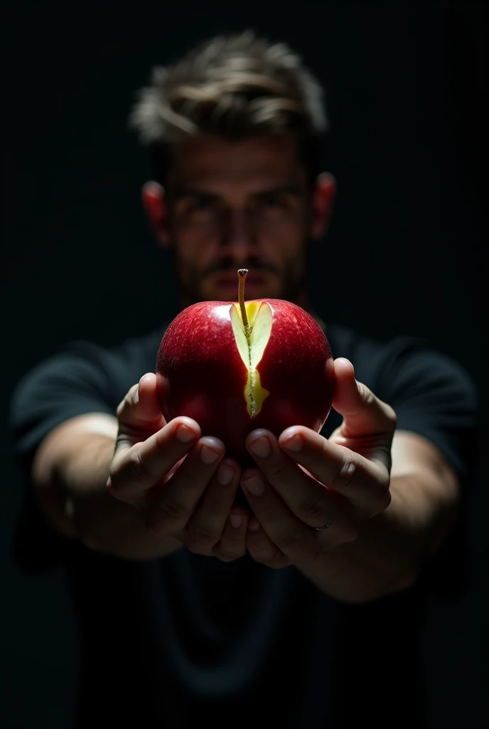 A bitten apple, being held in the hand of a handsome man , light skin being surrounded by a fallen angel,
but black background not letting you see his face, only his hands