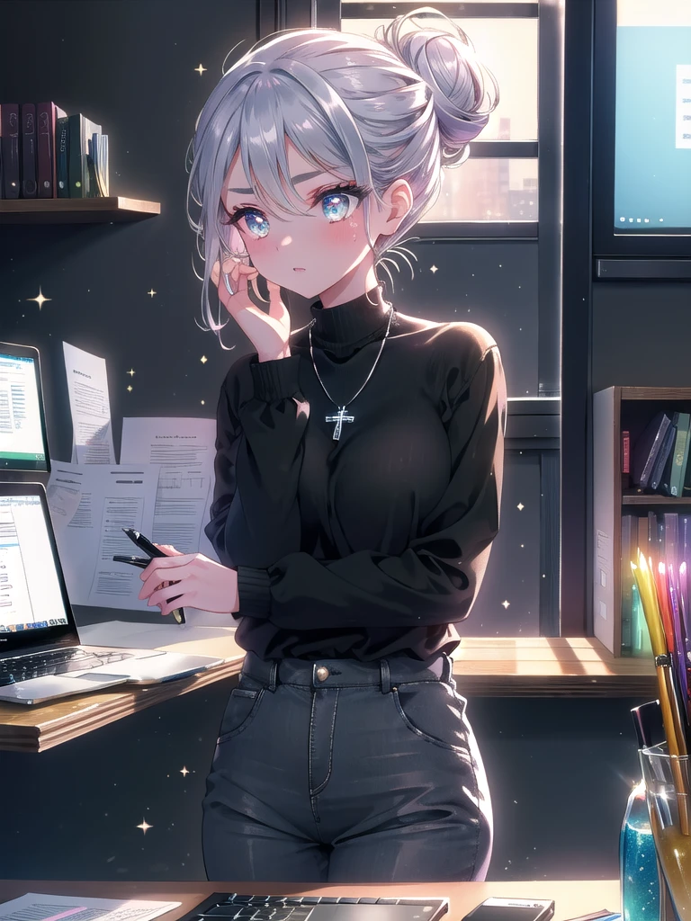 ((8k, Highest quality, masterpiece: 1.3)),Ultra-high resolution,(1 girl, alone), (Color changing eyes, Ultra-detailed, Expressive brilliance, Glitter, Glowing Eyes), Highly detailed eyes, Highly detailed face, Random Hair, ((pastel colour))The woman is seated at her sleek, modern desk in a spacious, sunlit office. Her workspace is organized, with a laptop open in front of her, displaying a spreadsheet. A black leather notebook lies to her left, with a pen resting on top. She’s dressed in a smart casual outfit— a white blouse tucked into high-waisted black trousers, and a delicate silver necklace. Her hair is neatly pulled back into a low bun. She’s looking at the camera with a focused expression, her brows slightly furrowed as she types quickly on the keyboard, concentrating on the task at hand.
