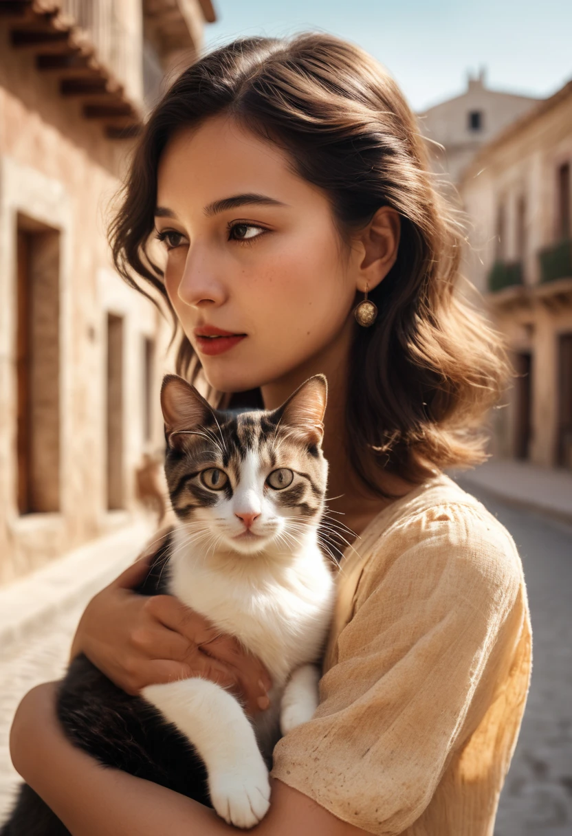 a beautiful girl in 1930s spain, holding a cat, candid moment of joy in daily life, war-torn surroundings, (best quality,4k,8k,highres,masterpiece:1.2),ultra-detailed,(realistic,photorealistic,photo-realistic:1.37),award winning photo, dramatic lighting, cinematic composition, warm color palette, soft focus, natural sunlight, feminine aesthetic, cozy ambiance, touching human story
