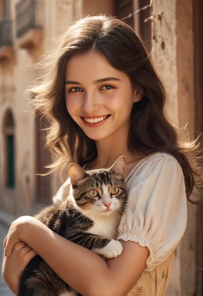 a beautiful girl in 1930s spain, holding a cat, candid moment of joy in daily life, war-torn surroundings, (best quality,4k,8k,highres,masterpiece:1.2),ultra-detailed,(realistic,photorealistic,photo-realistic:1.37),award winning photo, dramatic lighting, cinematic composition, warm color palette, soft focus, natural sunlight, feminine aesthetic, cozy ambiance, touching human story