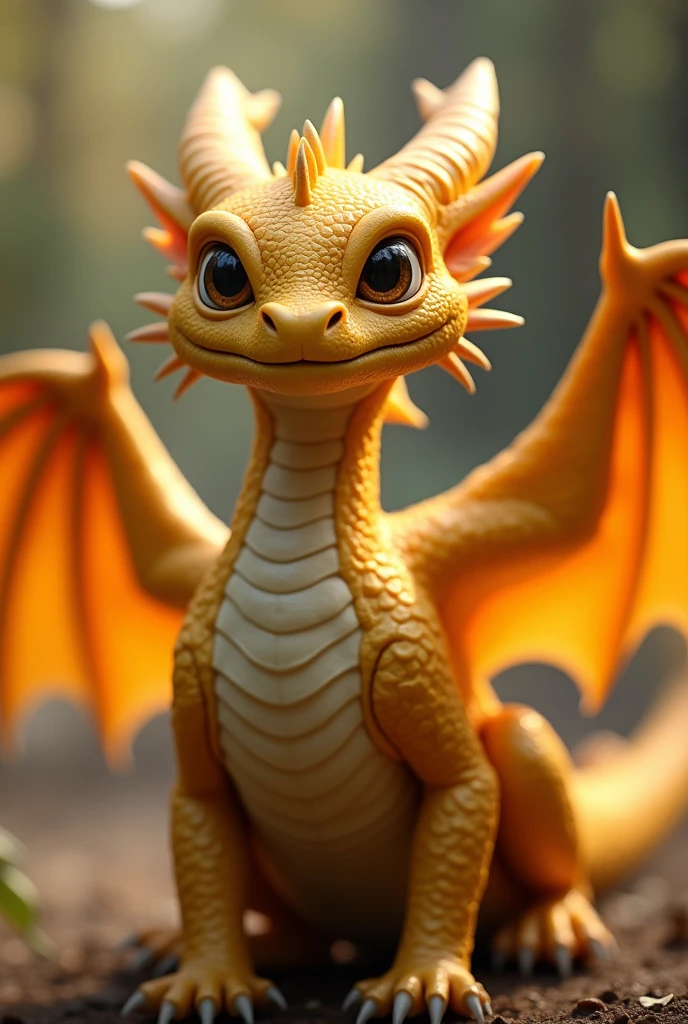 A golden dragon hatchling has a shrewd face adorned with flexible, whisker-like spines.. His horns come from his nose, passing through the eyebrows and two twin crests adorn its long neck. The wings of a golden dragon cub, similar to the sails of ships, start at their shoulders and continue to the tip of their tail, allowing it to fly with a distinct wavy motion, as if swimming in the air. A baby gold dragon has dark yellow scales with metallic flecks..