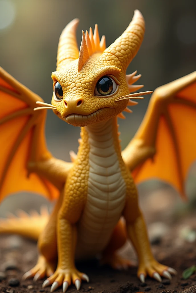 A golden dragon hatchling has a shrewd face adorned with flexible, whisker-like spines.. His horns come from his nose, passing through the eyebrows and two twin crests adorn its long neck. The wings of a golden dragon cub, similar to the sails of ships, start at their shoulders and continue to the tip of their tail, allowing it to fly with a distinct wavy motion, as if swimming in the air. A baby gold dragon has dark yellow scales with metallic flecks..