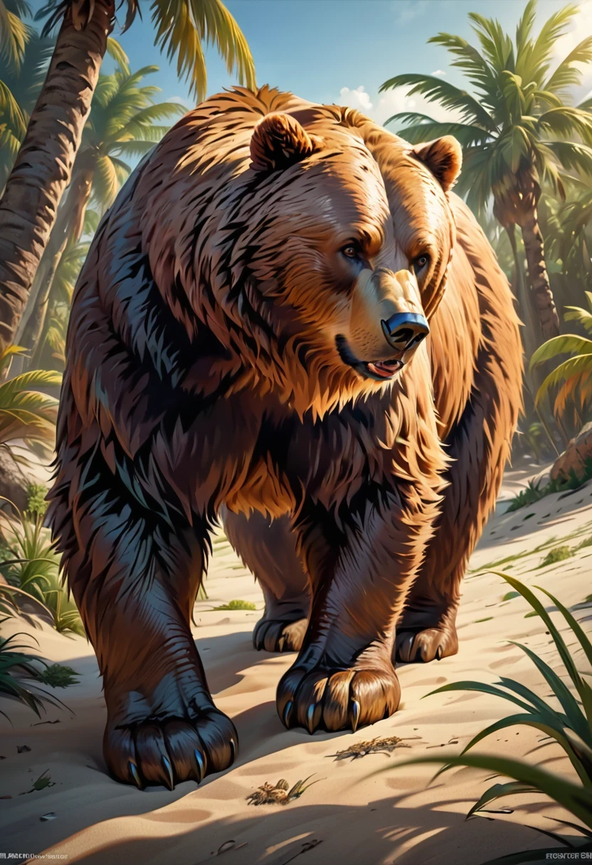 brown bear, with long beard Very scary, Sauvage, realistic rendering, Desert island, Sauvageerness,extremely detaild, incredibily detailed, highly detailed animal skin, rosto extremely detaild, details Intricate, photorrealistic, 8k, high resolution, work of art, proffesional, cinematic lighting, dramatic lighting, swirly vibrant colors, natural colors, warm hues