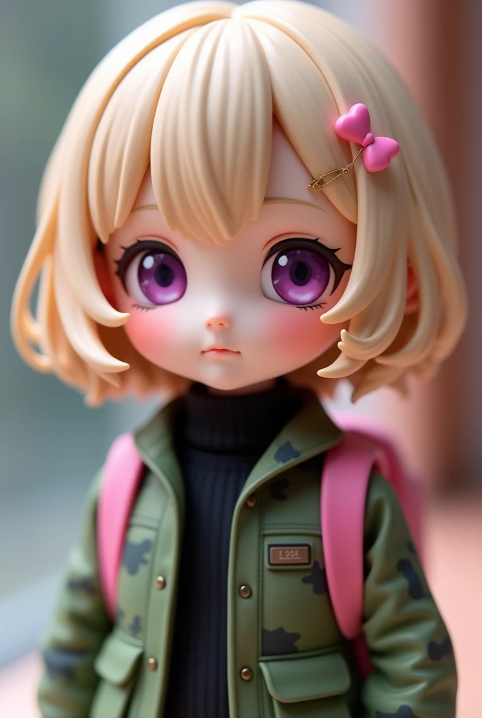 A highly detailed anime-style figure in a figurine or doll-like art style, resembling porcelain or toy material. The cute young girl has short, wavy, light blonde hair decorated with a single pink bow and a heart-shaped clip, but without the bone-shaped clip. Her large, shiny purple eyes give her an innocent and adorable expression. She is dressed in a green camouflage jacket over a black turtleneck sweater and is wearing a pink backpack. The overall look is sweet and adventurous, with a smooth, polished finish that highlights the toy-like appearance.