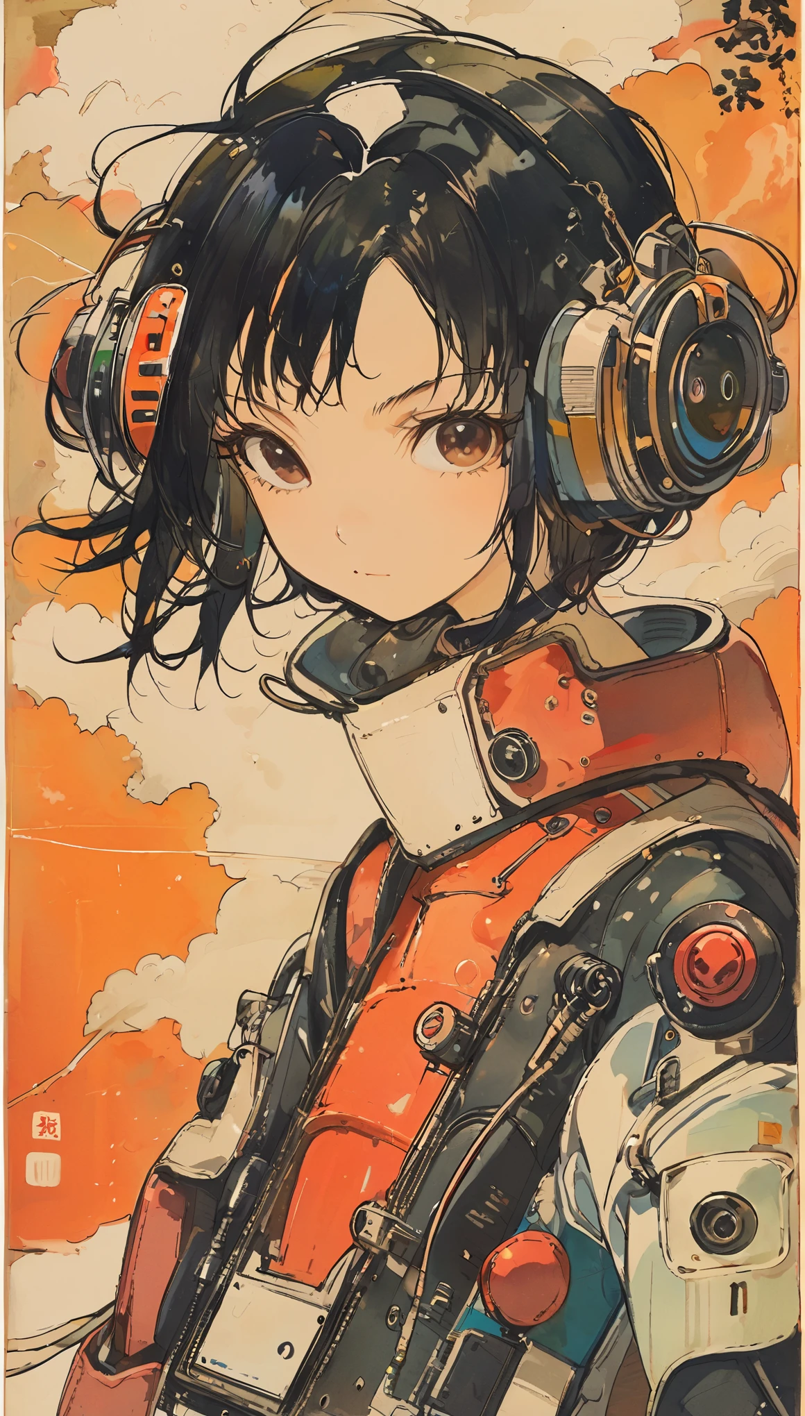 (Skinny girl) (Short bob style hair) (Black Hair) (Dark brown eyes) (parts) (Playing on Nintendo Switch)、Upper Body、Retro diving suit、The Style of Kawanabe Kyosai