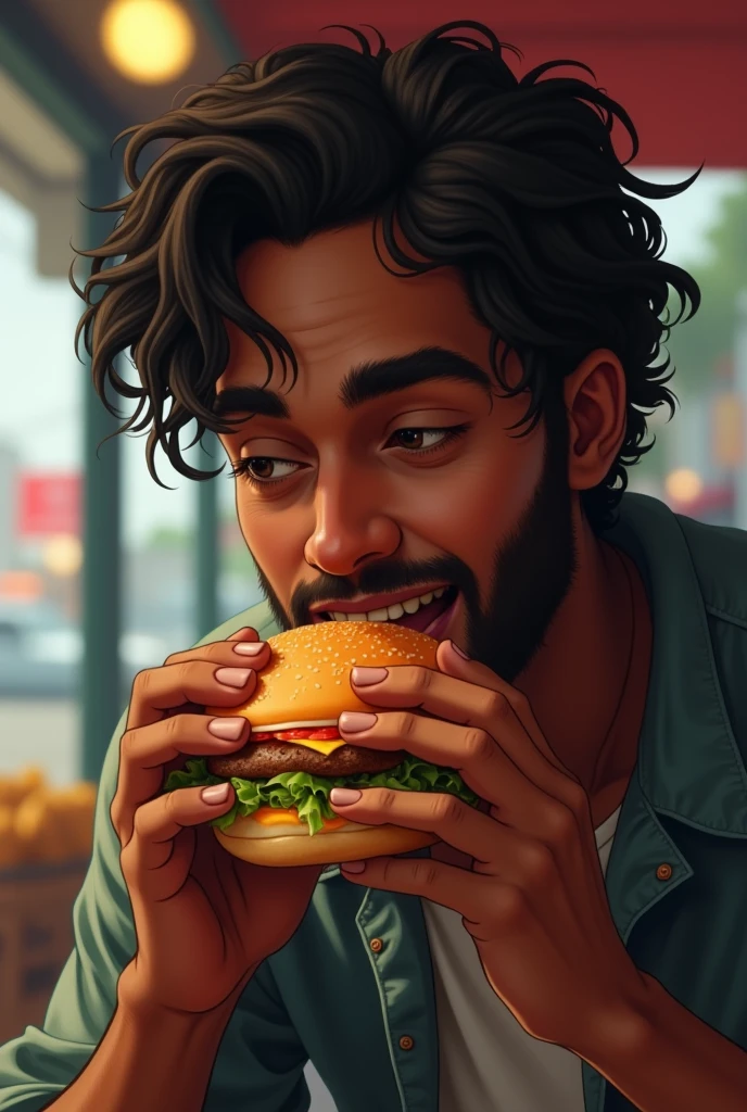 dark skinned man with wavy black hair and brown eyes eating hamburger