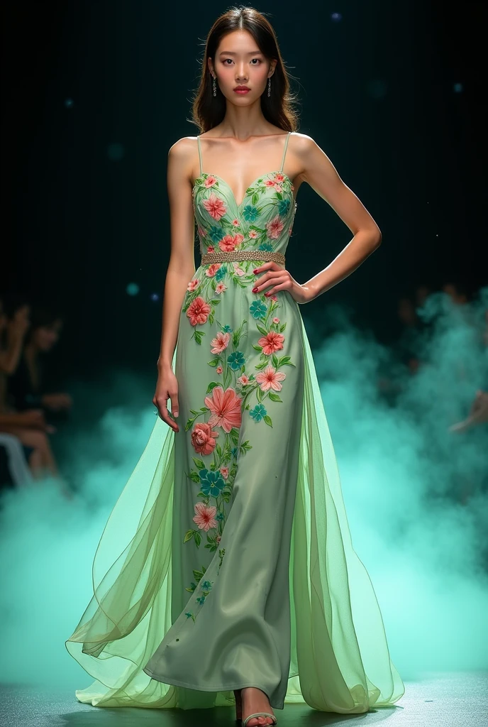 happy summer fashion design by vera wang with colourful flowers in soft verdigris colours and floral, wore by japanese female model, seen walking on catwalk, her hand on hip, black void background, soft teal particles, smokes and nice lighting, UHD, HDR, 8k, Masterpiece, realistic, hyper realistic. catwalk, facing straight to camera. hand on hip