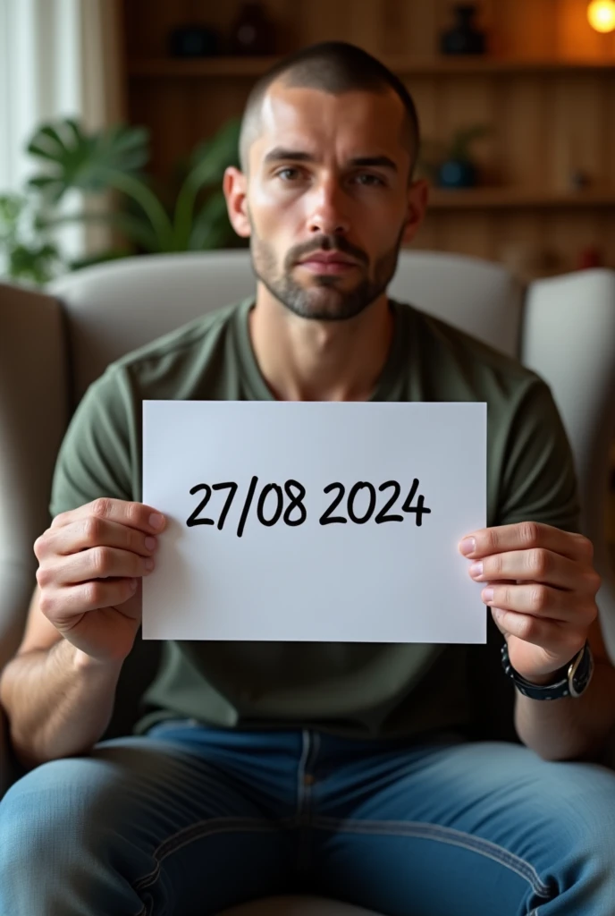 Photo of a man with low cut hair sitting on chair inside sitting room holding white paper with this (27/08/2024) on it by pen
The hair should grow a little bit on his head
And also no hair on his face at all