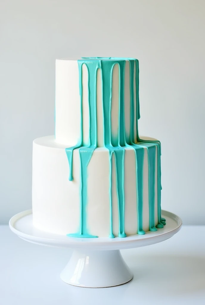 white 2-tier cake with turquoise-colored details brushed vertically in whipped cream 