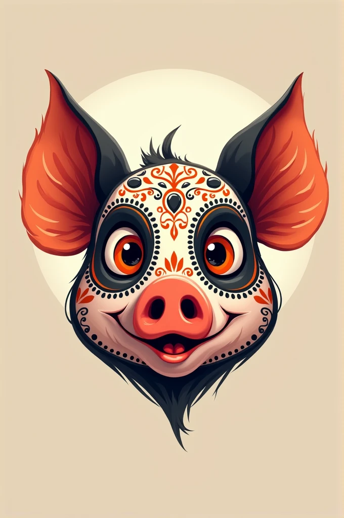 Generate me an image of an animated pig head in black and orange Day of the Dead style to use in a logo