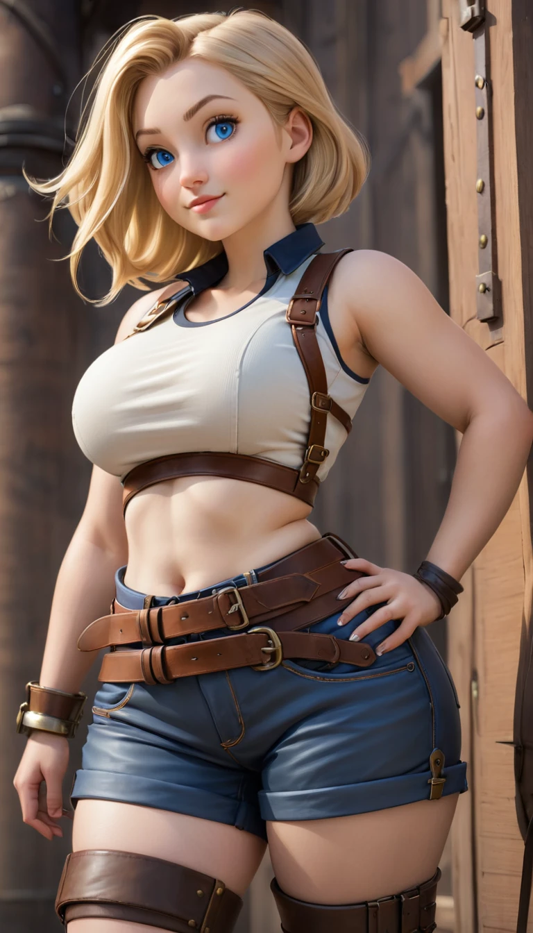 1 girl, girl, young, beautiful face, cute face, smiling, fair skin, blonde hair, blue eyes, short stature, short girl, steampunk, explorer, colossal breasts, overly sagging breasts, huge breasts, covered breasts, thick thighs, very thick thighs, wide hips, round butt, shorts, brown shorts, shorts, leather shorts, brown leather shorts, between butt cheeks, undersized clothes, cropped top, tight top, exposed belly, full body, standing, leather top, inner side-boob, tight shorts, skindentation, fat ass, steampunk goggles on forehead, shorts stuffed in butt-cheeks, sleeveless top, side-view, showing butt, visible butt, wedgie shorts, aréola slip, exposed belly, deep cleavage, side view, visible butt cheeks, visible cleavage,