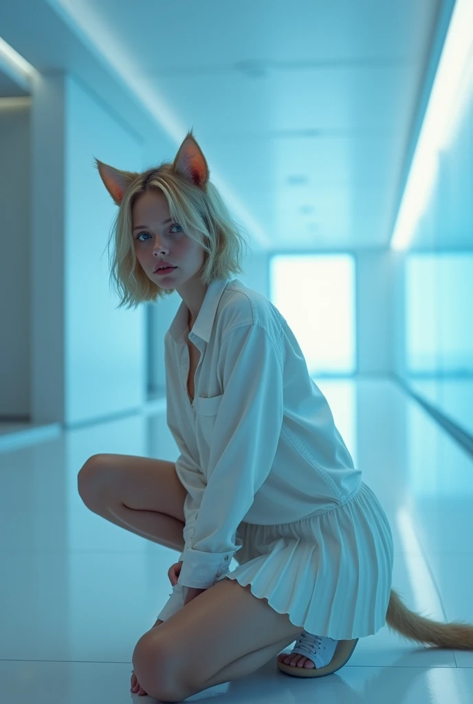 (photorealism:1.2), beautiful woman, swedish, blonde,sad, pensive, assistant, white shirt, pleated skirt, white underwear, 18yo, corporate lobby, white floor and ceiling, blue lighting, hologram, projection,looking at camera, short hair, cat ears, cat tail, crouching , legs apart, speading