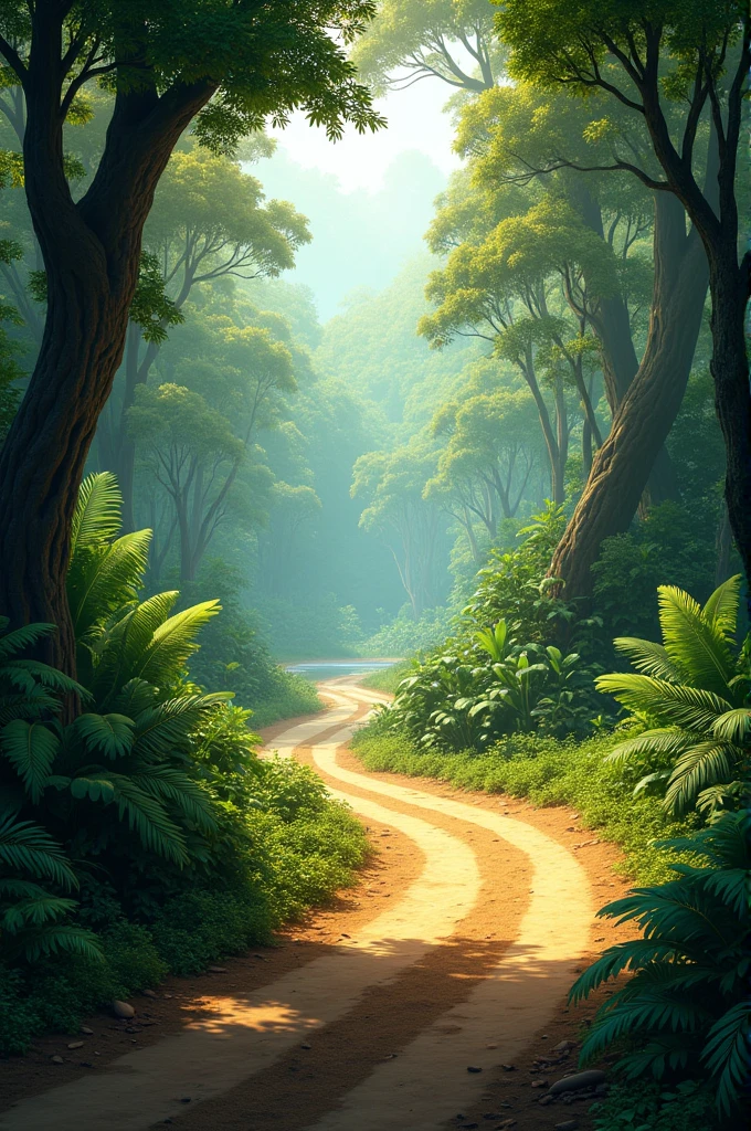 Amazon forest,There is a small road nearby,In the distance is a creek