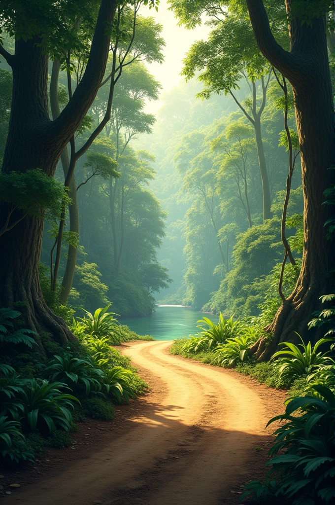 Amazon forest，There is a small road nearby，In the distance is a creek