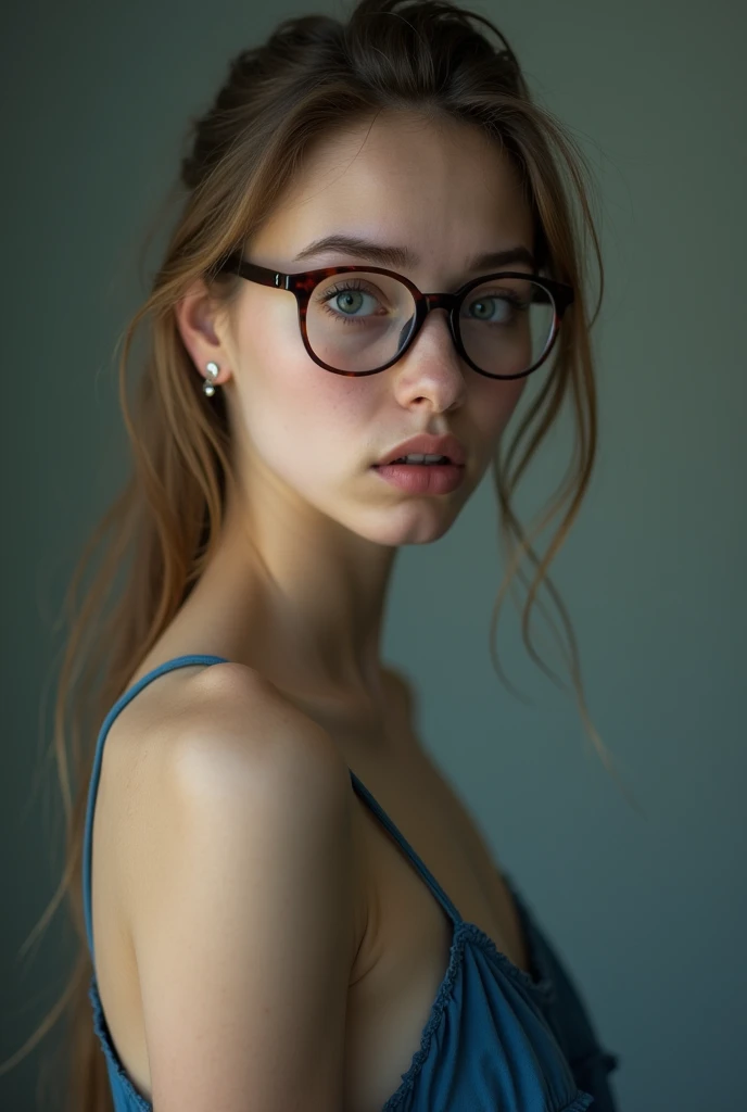 Create a photo of a 30 year old young woman, frightened, with a slender and beautiful body, completely naked, with white and clear skin, with long light brown hair, with a pair of prescription glasses, wearing hoop earrings and is facing the camera as she is attacked and assaulted by an obese age girl, did, lowrise, who has short hair and wears a blue dress