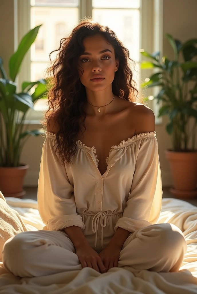 (photorealism:1.2), beautiful woman, sitting on bed, wearing loose off-shoulder top, pajama pants, long curly hair, indoors, soft lighting, plants in background, window with sunlight, cozy room, relaxed pose, realistic, intricate details, warm colors, by Greg Rutkowski, by Alphonse Mucha