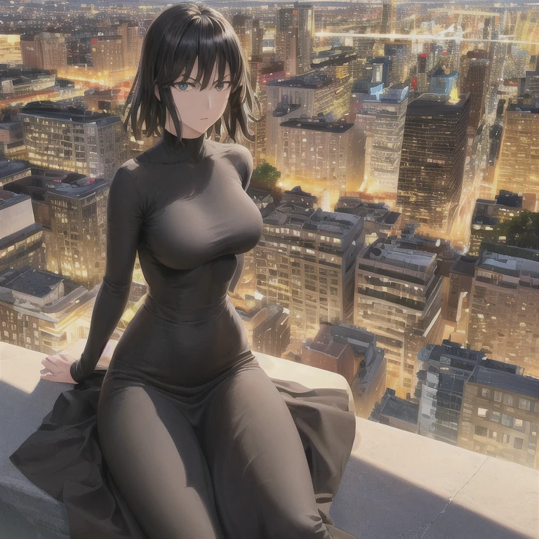 (best quality,4k,8k,highres,masterpiece:1.2),sexy and enchanting Fubuki from the anime One Punch Man, wearing her tight-fitting dress (no panties). Small breasts. Model-like figure. Appears to be 17-19 years old. Floating in the air against the backdrop of skyscrapers. Nsfw.
