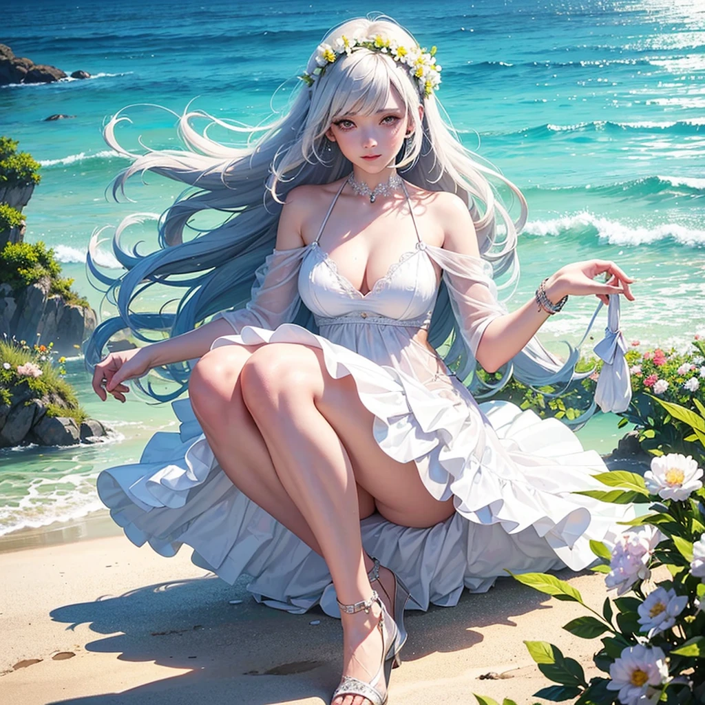 a beautiful woman, a white and dress, in a beautiful beach, long hair in a mess, flirting, light smile, Holding flowers, ultra HD, realistic, bright colors, high detail, UHD drawing, perfect composition, beautiful detailed complex
