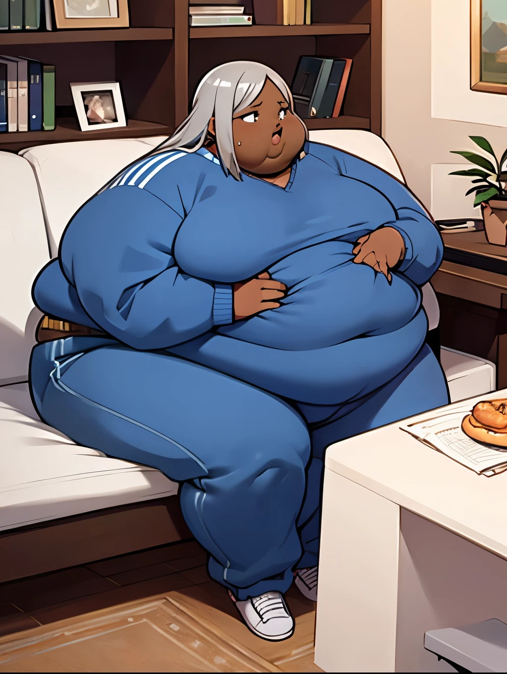 Extremely obese African woman, dark brown skin, fat blob, fat arms, fat face, fat legs, fat rolls, brown skin, grey shoulder legth hair, wearing a army helemt, wearing a blue sweater and loose sweatpants, sitting on the floor, fag blob