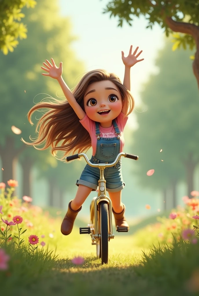 Draw Danae a girl with curly brown hair and it's her birthday and she gets a shiny new bike Create a beautiful girl, maiden, long light brown hair, slightly wavy, small almond-shaped brown eyes, elongated face, slightly full and pink lips, wears denim overalls and a t-shirt underneath, brown boots on her feet 3D Creates a beautiful woman, maiden, long light brown hair with some blonde highlights, slightly wavy tied with a high ponytail, small almond-shaped brown eyes, thin and elongated face, pointed wueijo, slightly plump and pink lips, wears black boxing gloves She is wearing a pink t-shirt saying "BARBIE DO RING" her arms and hands are thrown up because she won the fight, her face is excited and happy, animation character, stylized character, animation style rendering, stylized 3D, rendering Arnold Maya, stylized 3D rendering, toon rendering screenshot, 3D character, 3D character, stylized 3D rendering, 3D Character Rendering, cartoon character, close-up character, character pose, (Pixar style) ( master part: 1.2) (bokeh) (best quality) (detailed skin) (detailed texture) (8k) (Argilla) (cinematic lighting) (sharp focus