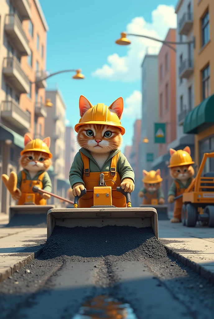cats work asphalting road