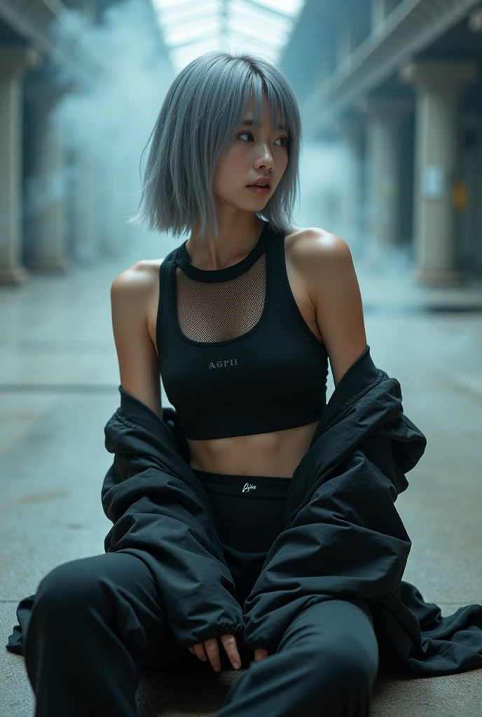best quality, sports fashion portrait, beautiful Japanese cute girl,, beautiful fashion model, Realistic, 20-years-old, gray hair, , ((sitting, cawboy shot)), looking other, A sporty and modern outfit featuring a cropped top with a subtle black logo "AGPI", , designed to accentuate the body’s contours. The top is paired with (fish net mesh) overlay that adds a stylish, athletic vibe. The cropped length of both tops creates a layered look. Completing the outfit is an oversized jacket that provides a cool and voluminous contrast, balancing the overall appearance and enhancing the active, abs, urban aesthetic. She is situated within the interior of a futuristic colony, in the deep night, with mist drifting and steam rising from concrete