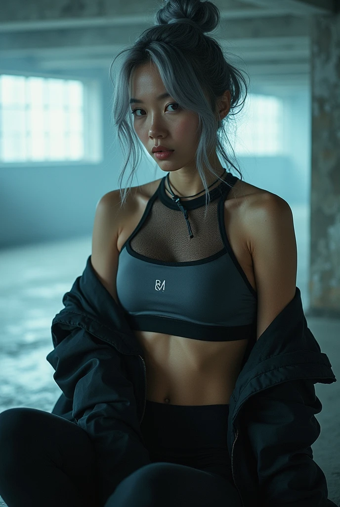 best quality, sports fashion portrait, beautiful Japanese cute girl,, beautiful fashion model, Realistic, 20-years-old, gray hair, , ((sitting, cawboy shot)), looking other, A sporty and modern outfit featuring a cropped top with a subtle black logo "AGPI", , designed to accentuate the body’s contours. The top is paired with (fish net mesh) overlay that adds a stylish, athletic vibe. The cropped length of both tops creates a layered look. Completing the outfit is an oversized jacket that provides a cool and voluminous contrast, balancing the overall appearance and enhancing the active, abs, urban aesthetic. She is situated within the interior of a futuristic colony, in the deep night, with mist drifting and steam rising from concrete