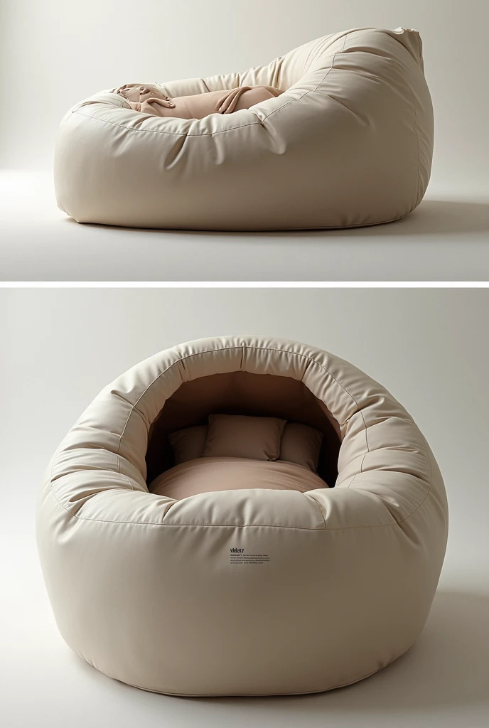 ---
**Design Request:**
"I am looking for a large bean bag chair similar to a Chill Sack, but with a unique feature. The chair should have an internal space or void underneath the seating area, providing a separate space for lying down or sleeping. This space should be designed to be comfortable and ideal for resting. Additionally, the design should include some form of cover or enclosure to create a dark, cozy environment suitable for sleeping. The chair should be both functional for sitting and provide a secluded, dark area for resting."
---
