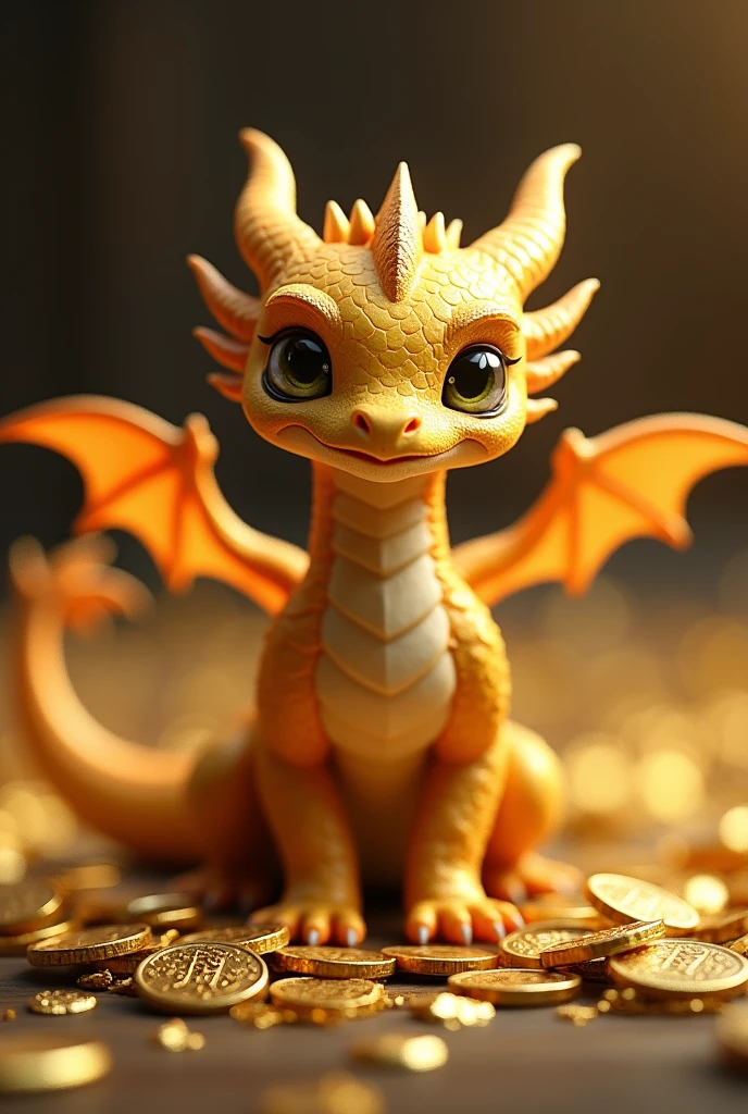 A golden dragon hatchling has a shrewd face adorned with flexible, whisker-like spines.. His horns come from his nose, passing through the eyebrows and two twin crests adorn its long neck. The wings of a golden dragon cub, similar to the sails of ships, start at their shoulders and continue to the tip of their tail, allowing it to fly with a distinct wavy motion, as if swimming in the air. A baby gold dragon has dark yellow scales with metallic flecks.. He stands in the middle of gold coins.