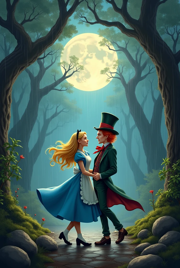 beauty and the beast dancing in the rain at night and the bright moon, in a remote place like a forest.
Alice and the Hatter  
