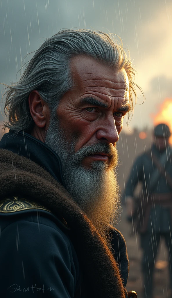 Portrait of a Tough Face (Old Warrior:1.3), (Face Focus:1.5), (storm:1.2), (rain:1.3), battlefield, (Artillery Background:1.3), (Cowboy Shot:1.4), (Napoleon&#39;s Army:1.3), View your viewers, Realistic, masterpiece, Highest quality, Backlight, (Lens flare:1.1), (bloom:1.1), (chromatic aberration:1.1), Digital Painting