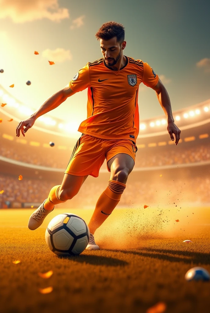 Advertising background (With a football theme). It has to have colors like golden orange and silver. As an example, some player kicking a ball. But the image should be longer and less wide.
