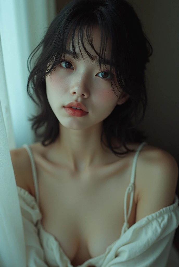 Japanese girl、analog film photo, (Create a realistic and photorealistic photo image)、whole body、underwear, Hinata、blur, tint, depth