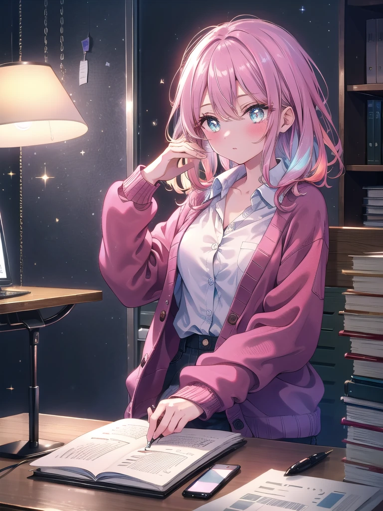 ((8k, Highest quality, masterpiece: 1.3)),Ultra-high resolution,(1 girl, alone), (Color changing eyes, Ultra-detailed, Expressive brilliance, Glitter, Glowing Eyes), Highly detailed eyes, Highly detailed face, Random Hair, ((pastel colour)) In a quiet, dimly lit office, the woman is sitting at her desk, with only the desk lamp providing light. She’s reviewing a stack of printed documents, red pen in hand, making corrections and annotations. Her workspace is minimalistic, with just a few essentials: a phone, a planner, and a calculator. She’s dressed in a cozy cardigan over a simple blouse, her hair loose and slightly tousled. She looks at the camera with a tired but determined expression, her eyes showing the late hour and the weight of her responsibilities.