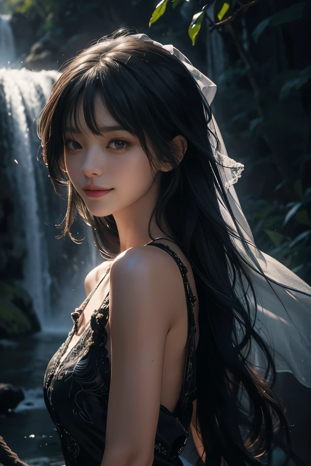 (ultra realistic) , (illustration), (increase resolution), (8K), (extremely detailed), (best illustration), (beautiful detailed eyes), (best quality), (ultra-detailed), (masterpiece), (wallpaper), (detailed face), 1 girl, black straight hair, slender body, delicate details, in the dark, deep shadow, low key, pureerosfaceace_v1, happy smile, summer dress, waterfall, rainforest