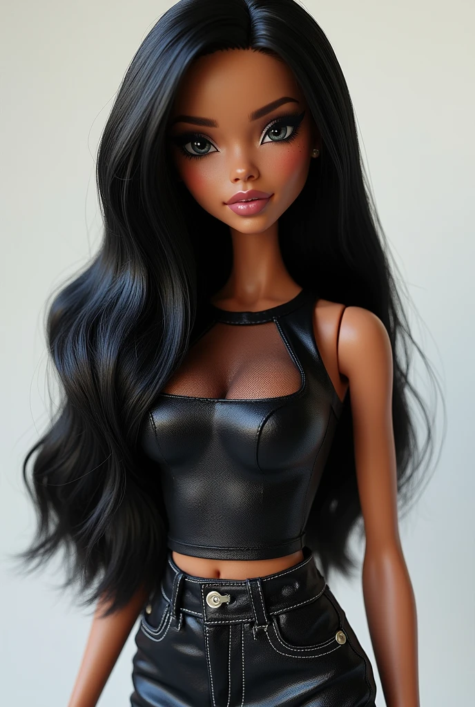 Generate a bratz doll, with long black hair, black eyes, black eyebrows, Very white skin and a complete body appearance