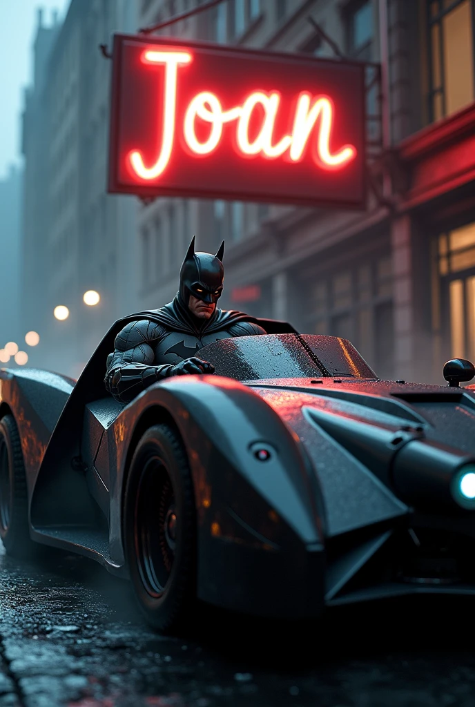 Batman in the Batmobile with a sign that says Joan