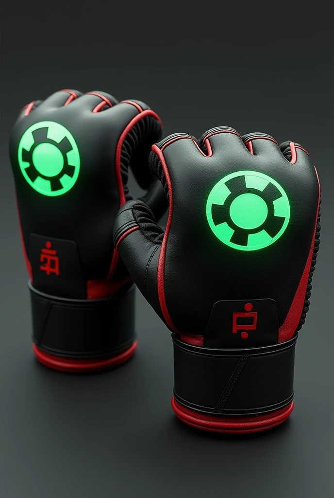 Prompt: Create an image of a pair of UFC gloves designed with the theme of the Omnitrix from the Ben 10 series. The gloves should be compact, sleek, and designed to fit comfortably on both hands. The main colors are black and red, with the black dominating the outer surface and the red accentuating certain features. The iconic Omnitrix symbol should be prominently displayed on the back of each glove, where the wrist meets the hand, glowing in a bright green. The gloves should have a futuristic yet functional design, with subtle patterns or lines inspired by the Omnitrix’s original design running along the knuckles and fingers. The palm side of the gloves should have a simple, smooth finish with a black color, while the inner lining may have hints of red. Ensure the gloves appear durable, with padding that suggests both protection and flexibility, suitable for mixed martial arts.