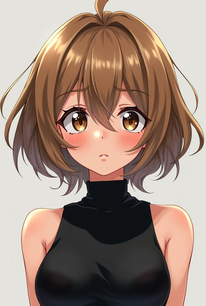boku no hero academia art style, Horikoshi art style, twenty one year old woman, short fluffy lighter brown hair, bangs split in three sections, longer strands franing bangs, hazel eyes, tired eyes, smaller slightly downturned eyes, black sleeveless turtleneck
