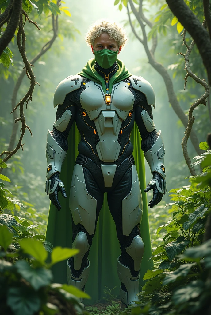 Make a hero with short, curly hair, a masked man who controls plants and has white skin who is a man and has a technological suit. 
