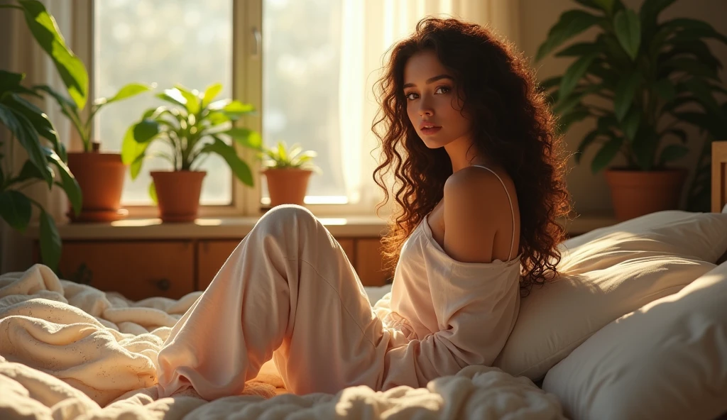 (photorealism:1.2), beautiful woman, sitting on bed, wearing loose off-shoulder top, pajama pants, long curly hair, indoors, soft lighting, plants in background, window with sunlight, cozy room, relaxed pose, realistic, intricate details, warm colors, by Greg Ru