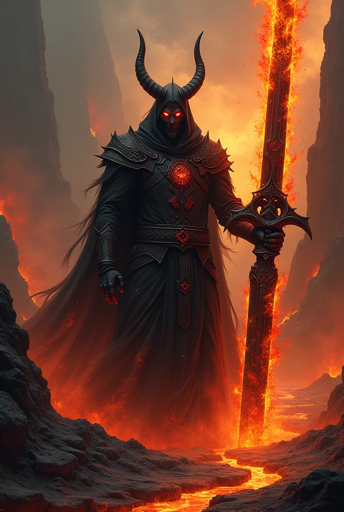 Un personnage imposant, vêtu de vêtements sombres ornés de runes rouges. L'épée est massive, entourée de flammes sombres. Ses yeux brillent d'une lueur maléfique, et des cornes ornent sa tête. Le paysage est un royaume infernal, rempli de lave et de cendres.
