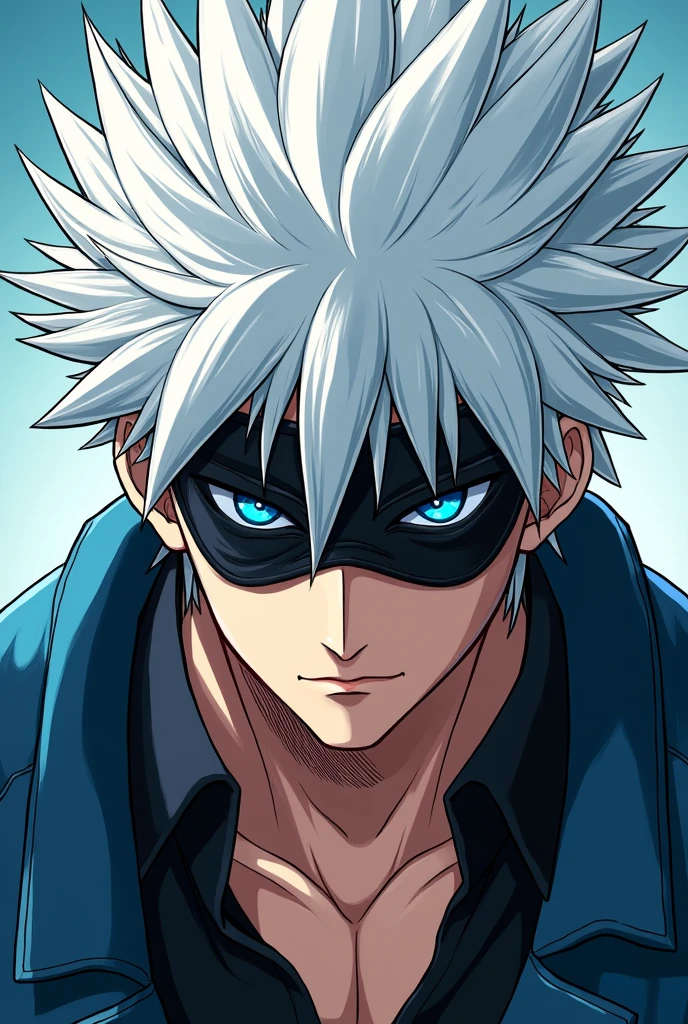 Manhwa art ,Satoru is a very tall, lean, and muscular man in his late twenties who is considered relatively attractive, mainly due to his facial features. He has snow-white hair and the Six Eyes, which are a vibrant blue color. Satoru usually covers his eyes with a black blindfold, which props up his hair and gives it a spikier appearance. Satoru wears sunglasses and lets his hair down to the base of his neck when sporting a casual look.