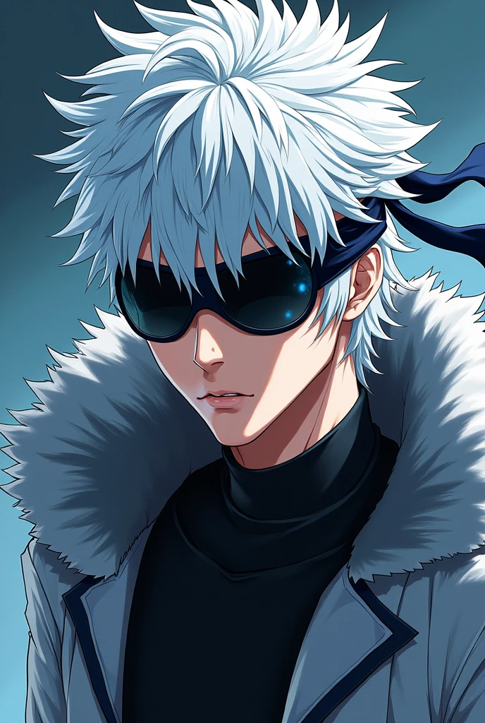 Manhwa art ,Satoru is a very tall, lean, and muscular man in his late twenties who is considered relatively attractive, mainly due to his facial features. He has snow-white hair and the Six Eyes, which are a vibrant blue color. Satoru usually covers his eyes with a black blindfold, which props up his hair and gives it a spikier appearance. Satoru wears sunglasses and lets his hair down to the base of his neck when sporting a casual look.