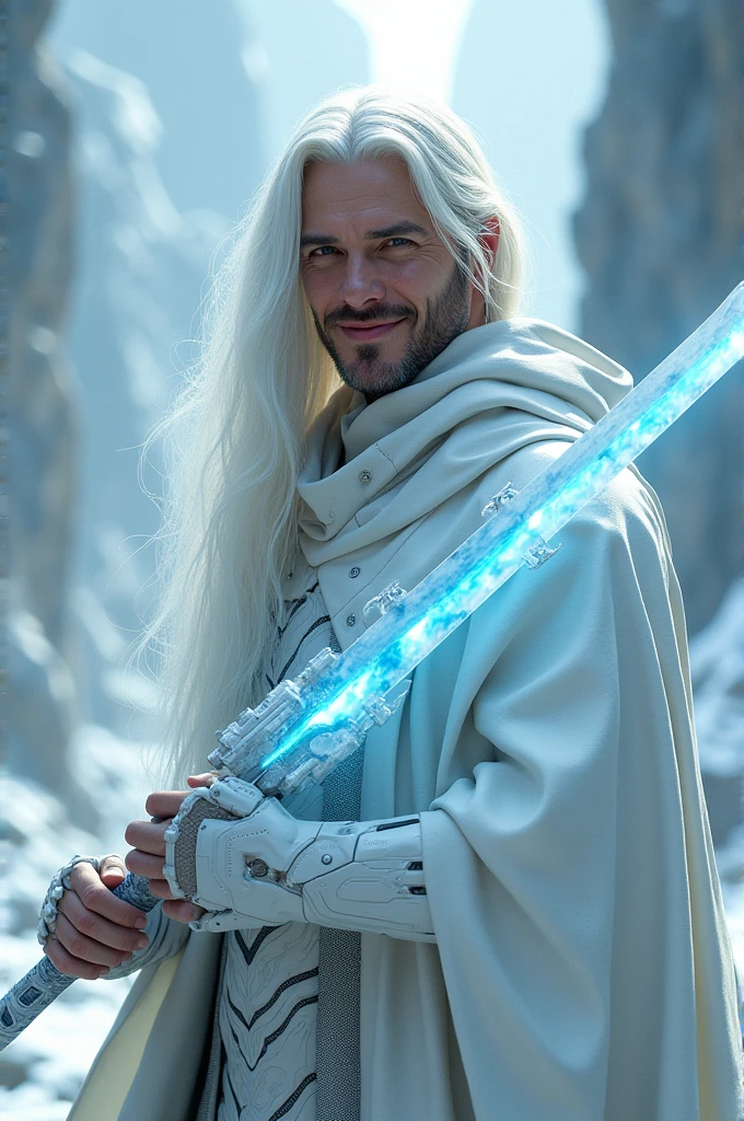 white hair, guy, smiling, slightly long hair, white cloak, cuberpunk ice sword in hand, cuberpunk costume.