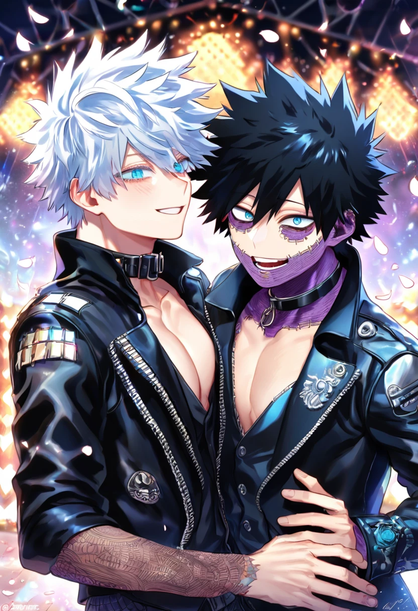 absurdres, highres, ultra detailed, HDR, master piece, best quality, extremely detailed face, delicated features, Dabi, black hair, expressive turquoise eyes, Boku No Hero Academia, Gojou Satoru, white hair, expressive blue eyes, white eyelashes, two sexy men together, yaoi, gay couple, handsome, smiling, black vest, black leather jacket, rockers, black rocker clothes, black collar, showing the chest, toned, patterns, stage, lights, petals, fantasy, magical