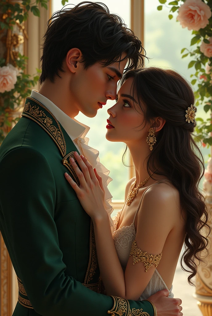 A gay couple, where one of them is an Italian prince with dark hair and green eyes and the other is a boy with Korean features.