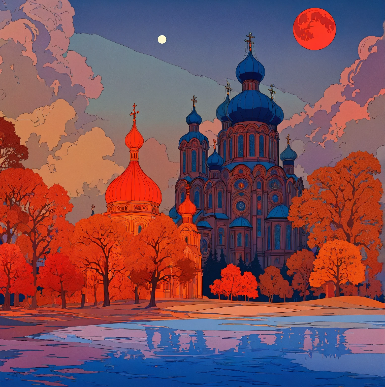 A dramatic Orthodox church against a night sky with a large red moon, inspired by the Slavic epic illustrations of Ivan Bilibin, the luminous architectural paintings of Igor Grabar and the ornate art nouveau designs of Alphonse Mucha, with the intricate details and grand scale of Yuri Ivanovich Pimenov's Cathedral of the Sun and the fantastical digital art of Beeple, all in the distinctive style of Alexander Deineka and Andrey Esionov, with an precisely composed, photorealistic rendering.structure，snowflake，White