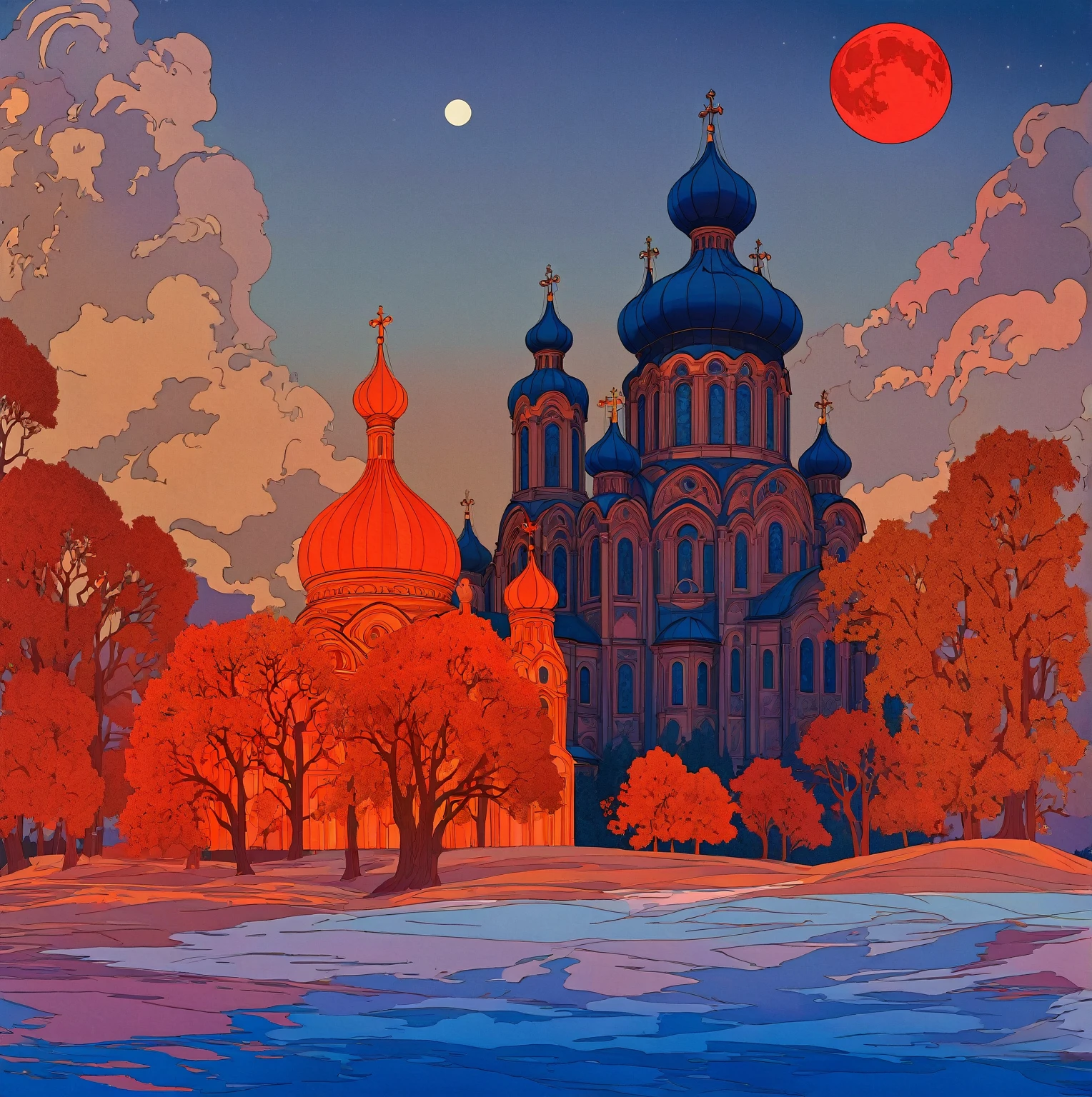 A dramatic Orthodox church against a night sky with a large red moon, inspired by the Slavic epic illustrations of Ivan Bilibin, the luminous architectural paintings of Igor Grabar and the ornate art nouveau designs of Alphonse Mucha, with the intricate details and grand scale of Yuri Ivanovich Pimenov's Cathedral of the Sun and the fantastical digital art of Beeple, all in the distinctive style of Alexander Deineka and Andrey Esionov, with an precisely composed, photorealistic rendering.structure，snowflake，White